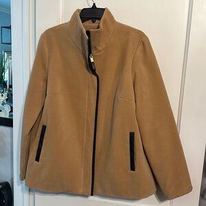 Tan Wide Bottom Lined Pea Coat With Faux Leather Trim On Pockets and Zipper